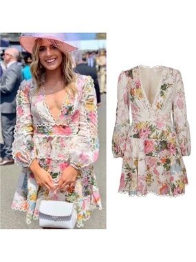 Floral Lace-Trim V-Neck Mini Dress - Cream Pink